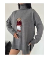Kadın Gri Oversize Ayıcıklı Oversize Balıkçı Yaka Triko Kazak