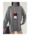 Kadın Gri Oversize Ayıcıklı Oversize Balıkçı Yaka Triko Kazak