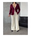 Kadın Bordo Triko Ceket Yelek Pantolon Alt Üst İkili Triko Takım
