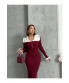 Kadın Bordo Şık Yaka Detaylı Midi Boy Triko Elbise