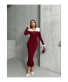 Kadın Bordo Şık Yaka Detaylı Midi Boy Triko Elbise