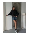 Kadın Siyah Şık Bağcık Detaylı Crop Dokuma Gömlek