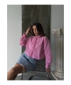 Kadın Pembe Şık Bağcık Detaylı Crop Dokuma Gömlek