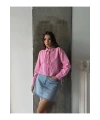 Kadın Pembe Şık Bağcık Detaylı Crop Dokuma Gömlek