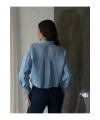 Kadın Mavi Şık Bağcık Detaylı Crop Dokuma Gömlek