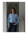 Kadın Mavi Şık Bağcık Detaylı Crop Dokuma Gömlek