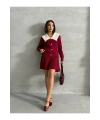 Kadın Bordo Şık Yaka Detaylı Hırka Bluz Etek Alt Üst İkili Takım