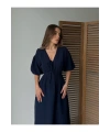 Kadın V Yaka Lacivert Müslin Kumaş Kısa Kol Elbise