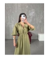 Kadın V Yaka Haki Müslin Kumaş Kısa Kol Elbise
