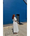 Kadın V Yaka Ekru Müslin Kumaş Kısa Kol Elbise