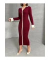 Kadın Bordo Polo Yaka Şık Kol Detaylı Midi Triko Elbise