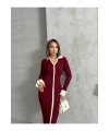 Kadın Bordo Polo Yaka Şık Kol Detaylı Midi Triko Elbise
