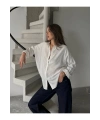 Kadın Ekru Premium Kalite Çizgili Oversize Tiril Gömlek