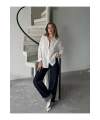 Kadın Ekru Premium Kalite Çizgili Oversize Tiril Gömlek