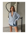 Kadın Bebe Mavisi Premium Kalite Çizgili Oversize Tiril Gömlek