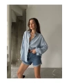 Kadın Bebe Mavisi Premium Kalite Çizgili Oversize Tiril Gömlek