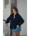 Kadın Siyah Premium Kalite Çizgili Oversize Tiril Gömlek