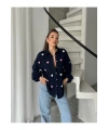 Kadın Lacivert Kalp Nakışlı Premium Kalite Müslin Kumaş Balon Kol Gömlek