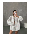 Kadın Ekru Kalp Nakışlı Premium Kalite Müslin Kumaş Balon Kol Gömlek