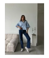 Kadın Mavi Kısa Balon Müslin Kumaş Premium Gömlek