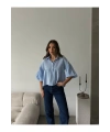 Kadın Mavi Kısa Balon Müslin Kumaş Premium Gömlek