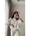 Kadın Ekru Kısa Balon Müslin Kumaş Premium Gömlek
