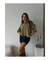 Kadın Haki Kısa Balon Müslin Kumaş Premium Gömlek