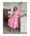 Kadın Pembe V Yaka Beli Lastikli Büzgülü Müslin Kumaş Kısa Kol Elbise