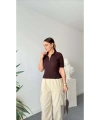 Kadın Bordo Yarım Fermuarlı Esnek Premium Kalite Polo Yaka Triko Bluz