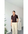 Kadın Bordo Yarım Fermuarlı Esnek Premium Kalite Polo Yaka Triko Bluz