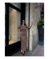 Kadın Kahverengi Fitilli Kısa Kol Yazlık Kumaş Uzun Triko Elbise s/m