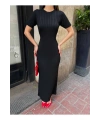 Kadın Siyah Fitilli Kısa Kol Yazlık Kumaş Uzun Triko Elbise s/m