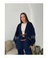 Kadın Lacivert Nakış Ve Kemer detaylı Balon Kol Müslin Kumaş Premium Kimono