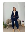 Kadın Lacivert Nakış Ve Kemer detaylı Balon Kol Müslin Kumaş Premium Kimono