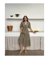 Kadın Haki Astarlı V Yaka Şık Desenli Müslin Kumaş Kısa Kol Elbise