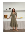 Kadın Haki Astarlı V Yaka Şık Desenli Müslin Kumaş Kısa Kol Elbise