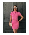 Kadın Şeker Pembe Düğme Detaylı Hırka Etek İkili Yazlık Takım S/m
