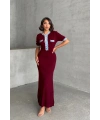 Kadın Bordo Şık Jean Detaylı Kısa Kol Düğmeli Triko Elbise