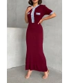 Kadın Bordo Şık Jean Detaylı Kısa Kol Düğmeli Triko Elbise