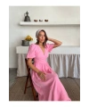 Kadın Pembe V Yaka Şık Bağlama Detaylı Astarlı Müslin Kumaş Kısa Kol Elbise