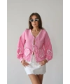 Kadın Pembe Uzun Kol Bağlama Detaylı %100 Pamuk Premium Müslin Bluz Gömlek