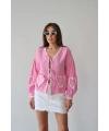 Kadın Pembe Uzun Kol Bağlama Detaylı %100 Pamuk Premium Müslin Bluz Gömlek