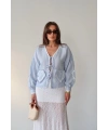 Kadın Mavi Uzun Kol Bağlama Detaylı %100 Pamuk Premium Müslin Bluz Gömlek