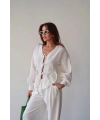 Kadın Beyaz Uzun Kol Bağlama Detaylı %100 Pamuk Premium Müslin Bluz Gömlek