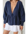 Kadın Lacivert Önden Bağlamalı Uzun Kol Müslin Kumaş Kimono Bluz
