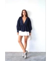 Kadın Lacivert Önden Bağlamalı Uzun Kol Müslin Kumaş Kimono Bluz