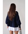 Kadın Lacivert Önden Bağlamalı Uzun Kol Müslin Kumaş Kimono Bluz