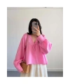 Kadın Uzun Kol Pembe Premium Müslin Kumaş Gömlek Bluz