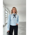 Kadın Mavi Fiyonk ve Detaylı Şık Gömlek