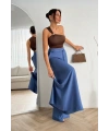 Kadın Mavi Bağcıklı Yüksek Bel Rahat Kesim Bol Paça Sofya Keten Pantolon